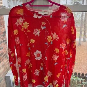 LOFT Vibrant Red Lightweight Floral Pullover Sweater Sz S